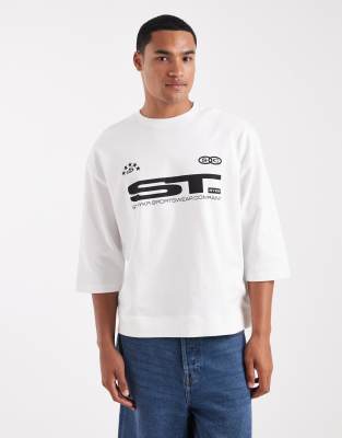 Asos Design Super Heavyweight Boxy Oversized Half Sleeve T-shirt With Sports Graphic In White