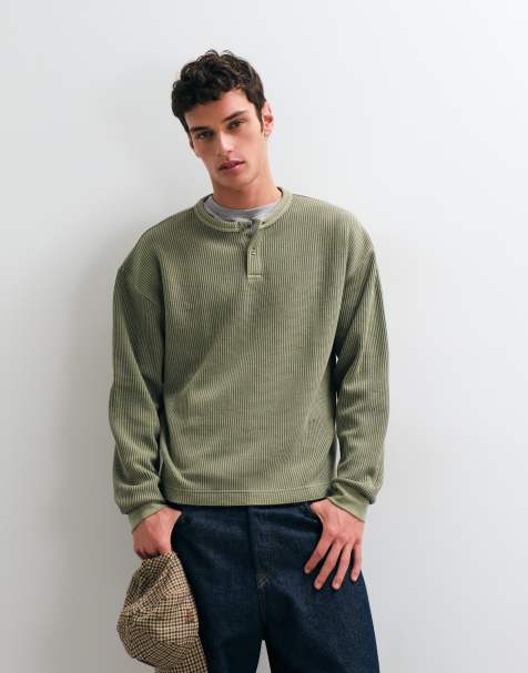 ASOS DESIGN super heavyweight boxy oversized langærmet T-shirt med henley-hals i khaki vasket waffle - view 1