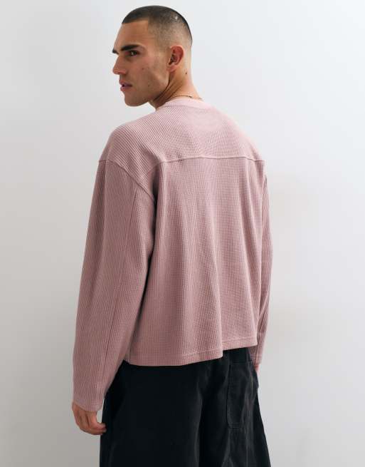 ASOS DESIGN super heavyweight boxy oversized long sleeve t-shirt in pink waffle, 3 of 5