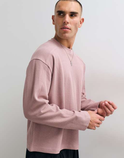 ASOS DESIGN super heavyweight boxy oversized long sleeve t-shirt in pink waffle, 4 of 5
