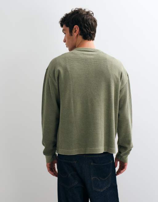ASOS DESIGN super heavyweight boxy oversized long sleeve t-shirt with henley neck in khaki washed waffle, 5 of 5
