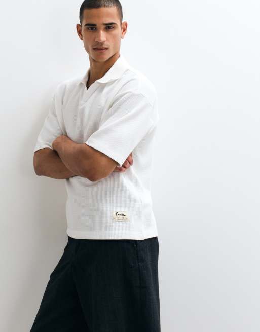 ASOS DESIGN super heavyweight boxy oversized polo shirt in off-white waffle knit, 3 of 5