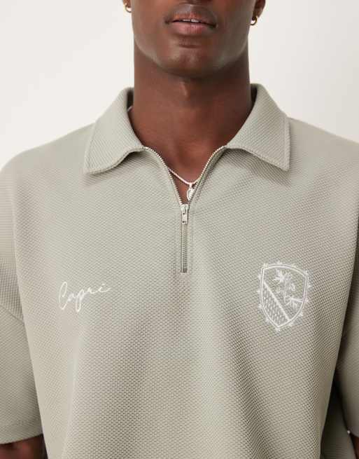 ASOS DESIGN super heavyweight boxy oversized polo with dropped shoulder and chest embroidery in khaki texture 