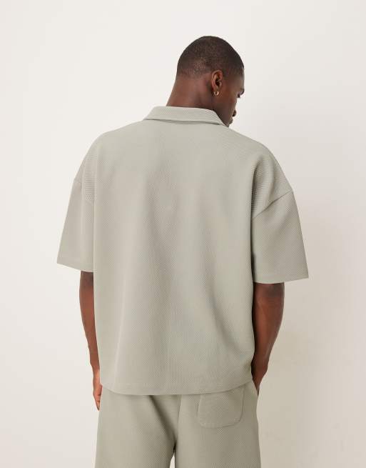 ASOS DESIGN super heavyweight boxy oversized polo with dropped shoulder and chest embroidery in khaki texture 