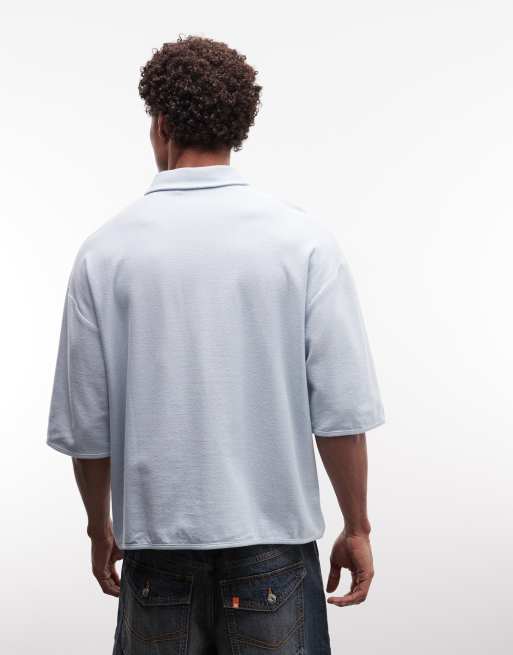 ASOS DESIGN super heavyweight boxy oversized polo with text graphic in blue crepe fabric, 3 of 5