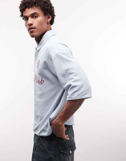 ASOS DESIGN super heavyweight boxy oversized polo with text graphic in blue crepe fabric, 4 of 5