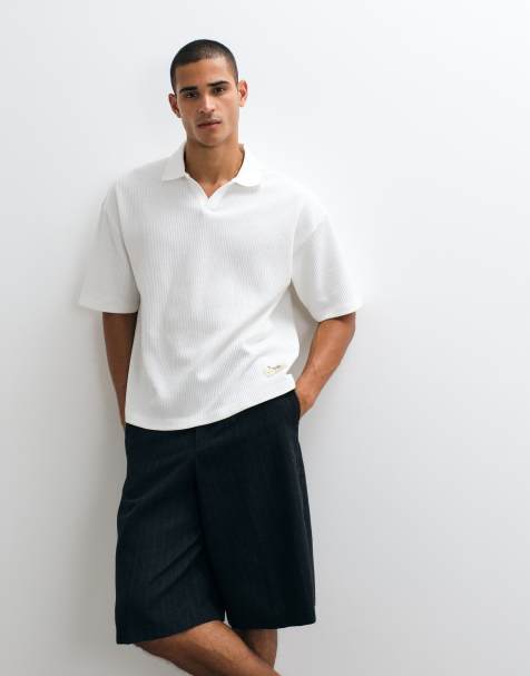 ASOS DESIGN super heavyweight boxy oversized poloshirt in gebroken wit wafelfabric - view 1