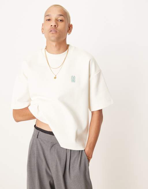 ASOS DESIGN boxy oversized T-shirt in heavyweight 300gsm cream with sports graphic