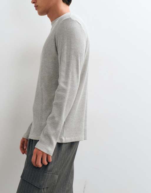 ASOS DESIGN super heavyweight boxy regular fit long sleeve t-shirt in neutral marl waffle, 4 of 5