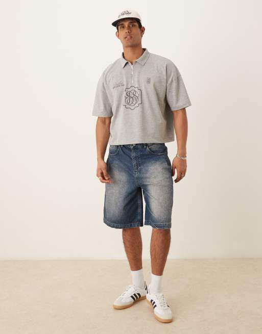 ASOS DESIGN cropped oversized polo in heavyweight 300gsm grey marl with logo embroidery