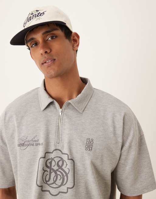 ASOS DESIGN cropped oversized polo in heavyweight 300gsm grey marl with logo embroidery
