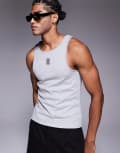 [ASOS DESIGN] ASOS DESIGN super heavyweight muscle fit high scoop singlet in grey marl with chest logo embroidery S Grey marle