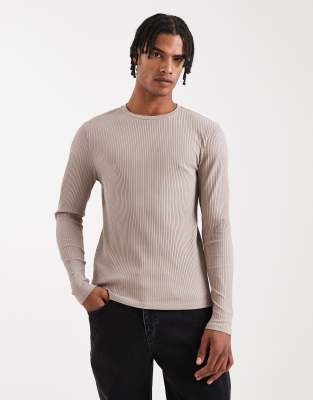 Asos Design Super Heavyweight Muscle Fit Long Sleeve T-shirt In Neutral