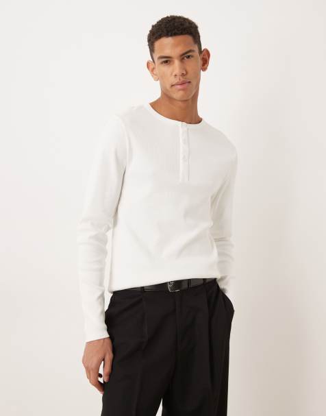 ASOS DESIGN super heavyweight muscle fit long sleeve t-shirt with henley neck in white rib - view 1