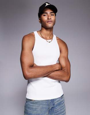 super heavyweight muscle fit rib knit tank top in white