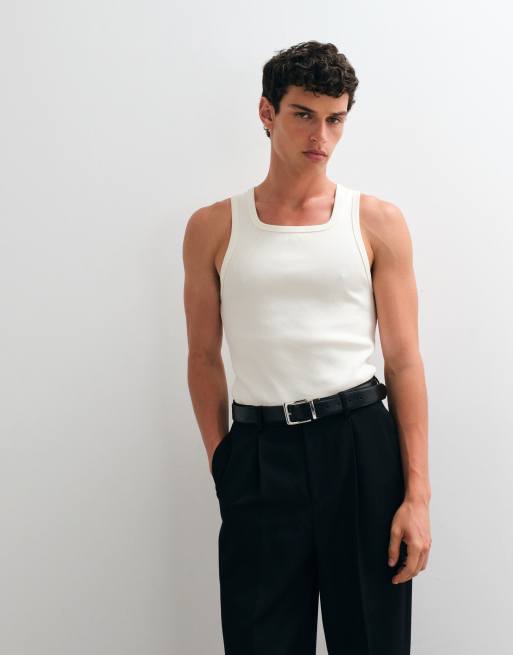 ASOS DESIGN super heavyweight muscle fit singlet with square neck in cream rib, 3 of 5