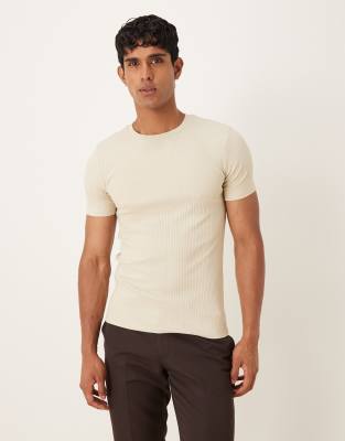 super heavyweight muscle fit t-shirt in beige rib knit-Neutral