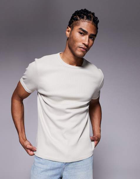 ASOS DESIGN super heavyweight muscle fit t-shirt in beige rib knit - view 1