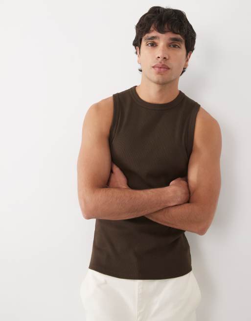ASOS DESIGN super heavyweight muscle fit tank top in dark brown rib, 3 of 5