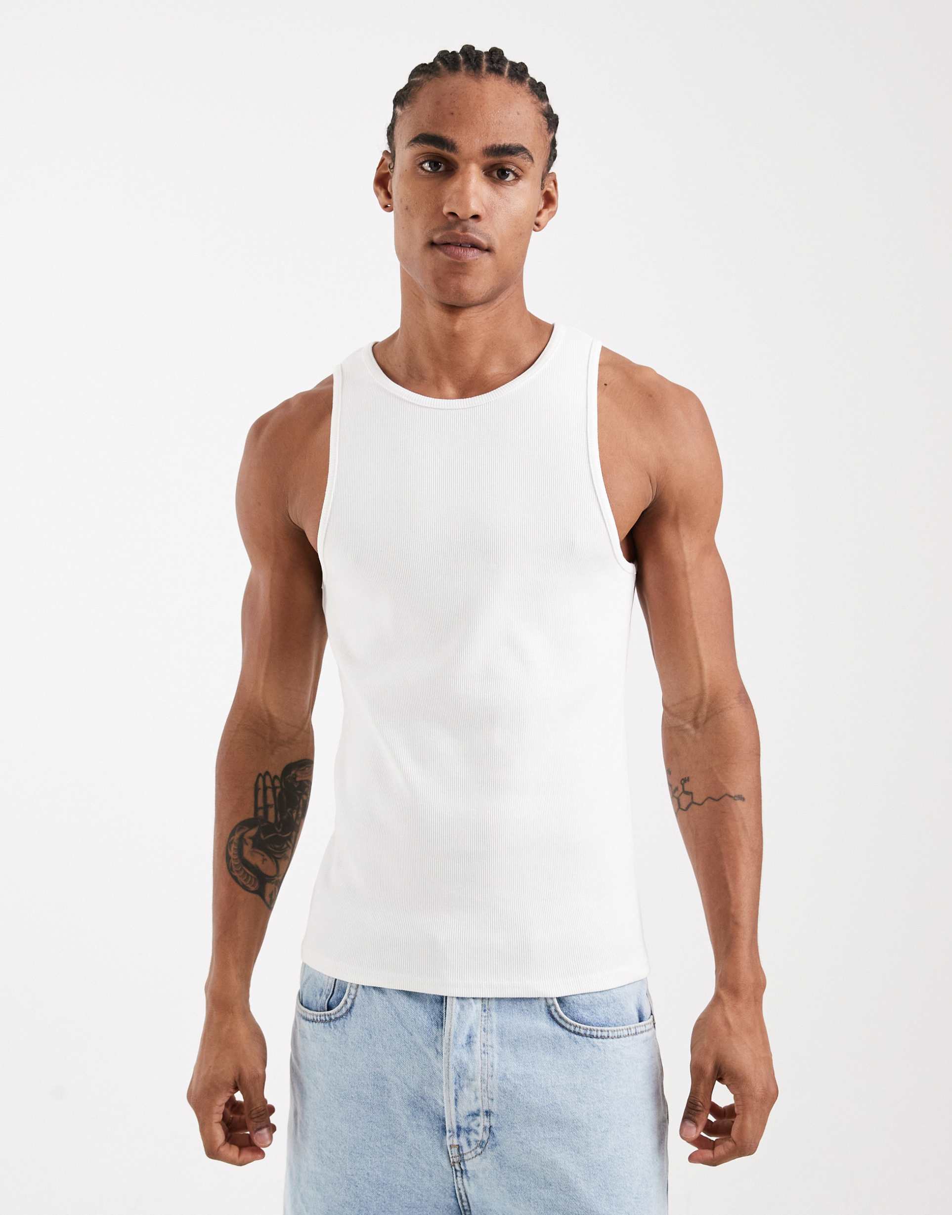 ASOS DESIGN super heavyweight muscle fit vest with high scoop in white rib
