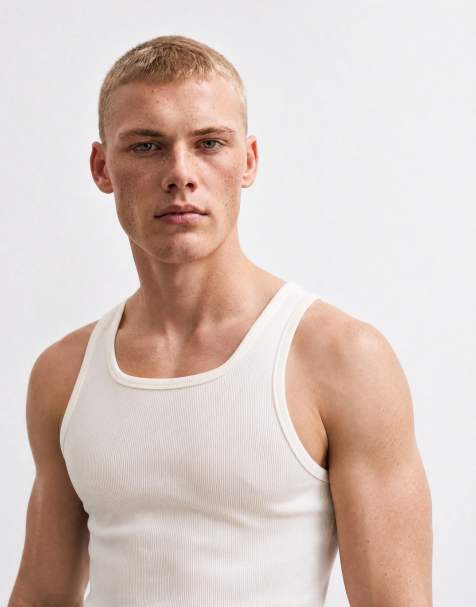 ASOS DESIGN super heavyweight muscle fit vest with square neck in cream rib - view 1