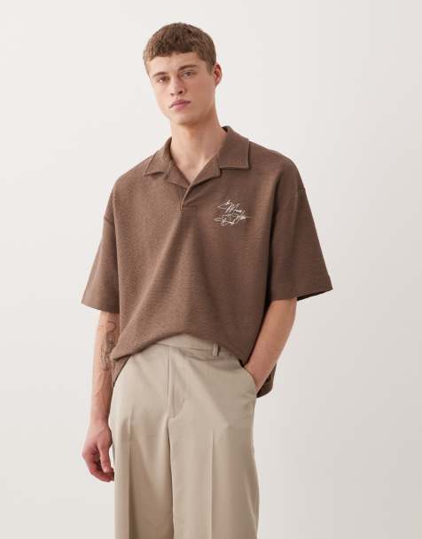 ASOS DESIGN super heavyweight oversized polo in with chest sign off in brown boucle crepe texture - view 1