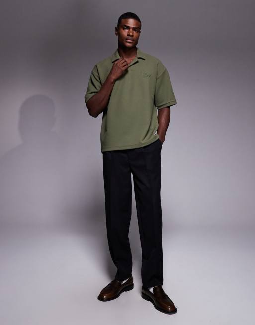 ASOS DESIGN super heavyweight oversized polo shirt with textured fabric in khaki green, 2 of 5