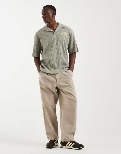 ASOS DESIGN super heavyweight oversized polo with chest floral graohic in sage green rib fabric, 2 of 5