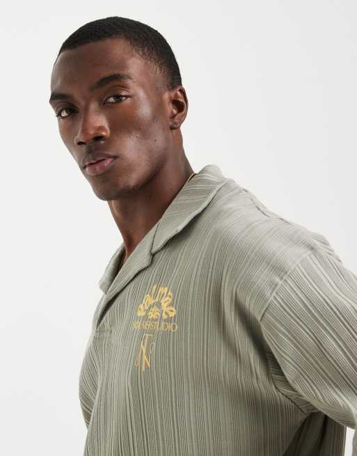 ASOS DESIGN super heavyweight oversized polo with chest floral graohic in sage green rib fabric, 3 of 5