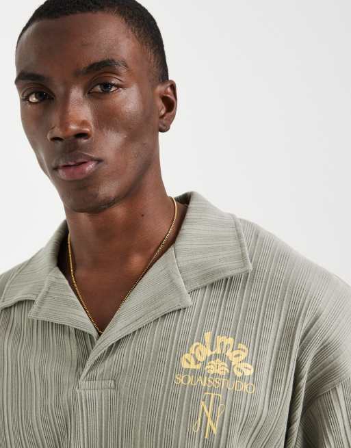 ASOS DESIGN super heavyweight oversized polo with chest floral graohic in sage green rib fabric, 4 of 5