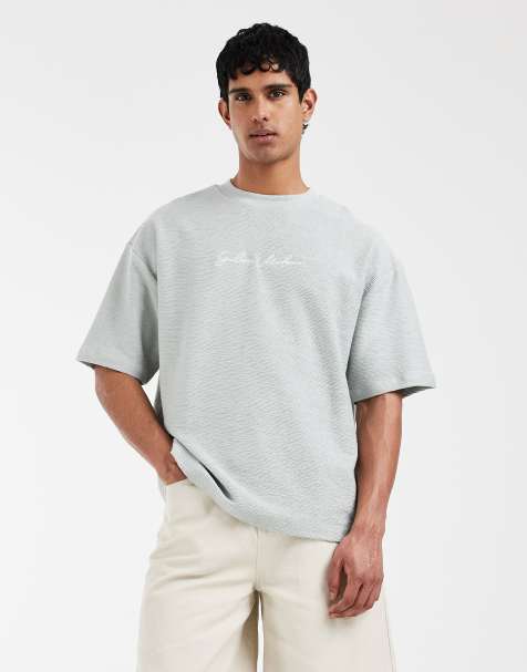 ASOS DESIGN super heavyweight oversized t-shirt in with chest sign off in grey boucle crepe texture