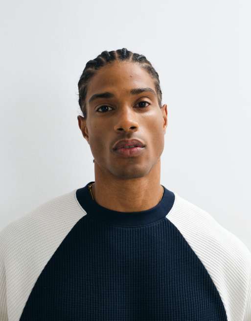 ASOS DESIGN super heavyweight oversized t-shirt with contrast raglan in navy waffle, 3 of 5