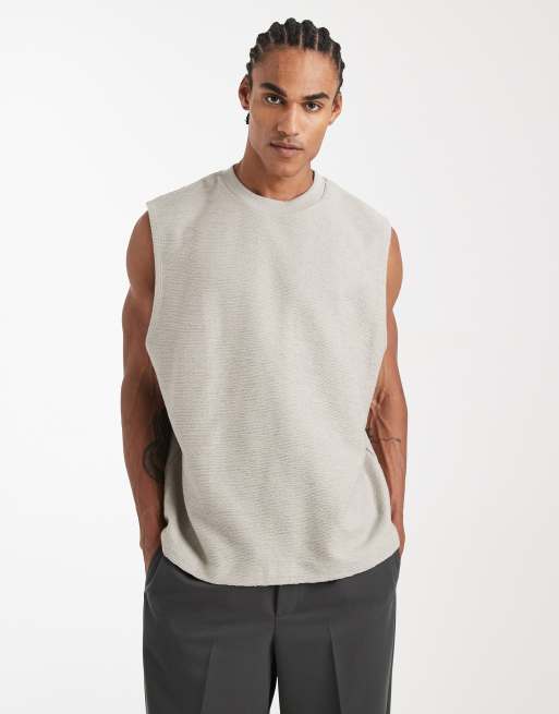 ASOS DESIGN super heavyweight oversized tank top with back puff print in stone bouclé crepe texture, 3 of 5