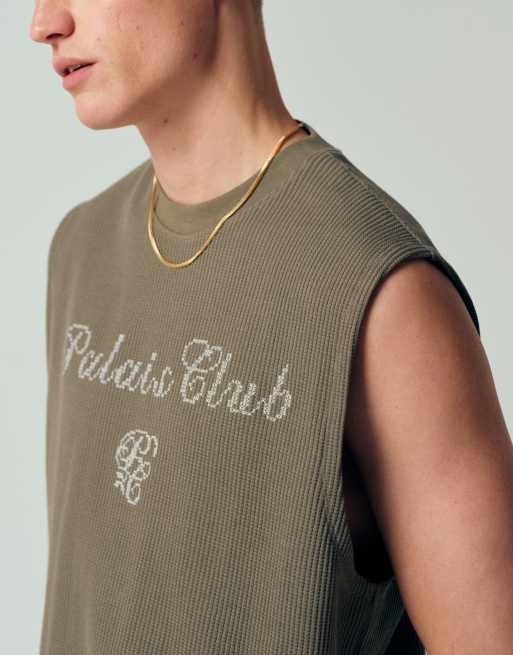 ASOS DESIGN super heavyweight oversized tank top with text back graphic in green waffle fabric (Part of a set), 3 of 7