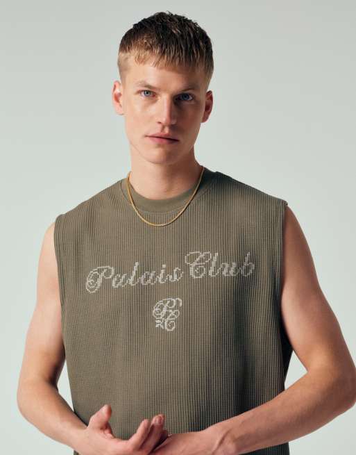 ASOS DESIGN super heavyweight oversized tank top with text back graphic in green waffle fabric (Part of a set), 5 of 7