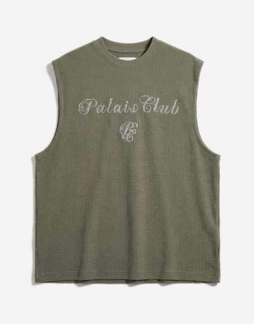 ASOS DESIGN super heavyweight oversized tank top with text back graphic in green waffle fabric (Part of a set), 6 of 7