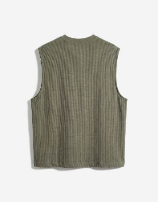 ASOS DESIGN super heavyweight oversized tank top with text back graphic in green waffle fabric (Part of a set), 7 of 7