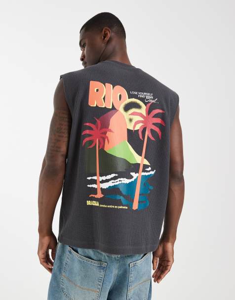 ASOS DESIGN super heavyweight oversized tank with island back graphic in charcoal waffle fabric (part of a set) - view 1