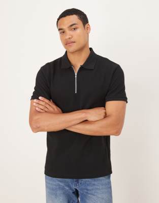 Asos Design Super Heavyweight Pique Quarter Zip Polo In Black