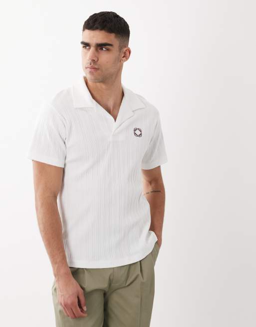 ASOS DESIGN super heavyweight regular fit polo with chest graphic in white rib fabric, 5 of 5