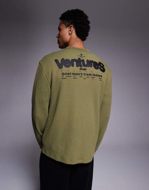 ASOS DESIGN super heavyweight relaxed long sleeve t-shirt with text graphic in khaki waffle