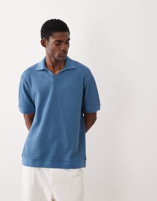 ASOS DESIGN heavyweight relaxed polo shirt in mid blue waffle knit stellar 7690₽