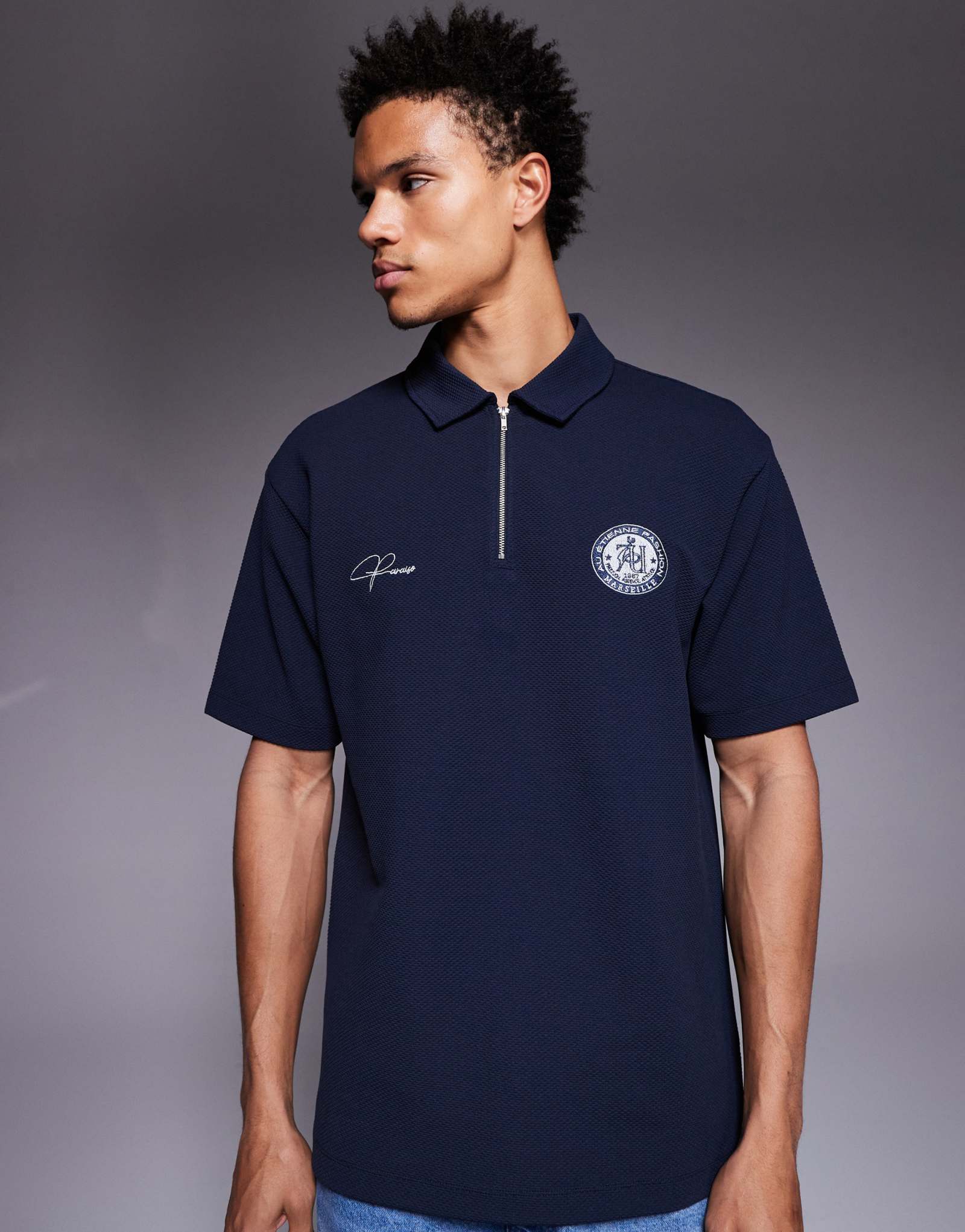 ДИЗАЙНЕРСКАЯ рубашка поло в супертяжелом весе ASOS с вышивкой на груди темно-синего цвета - часть комплекта