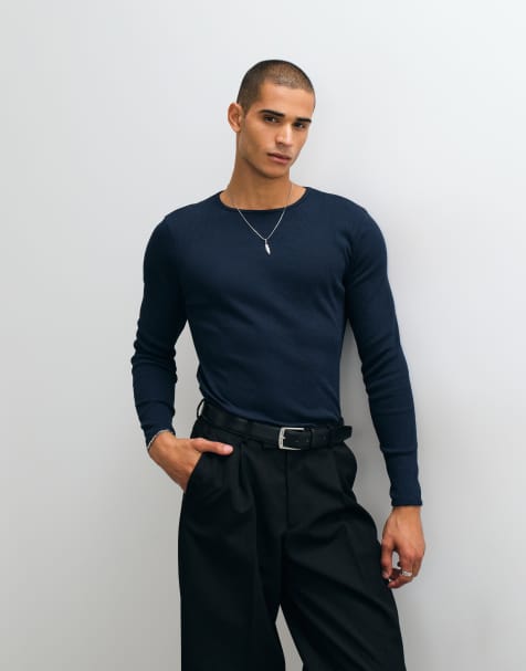 ASOS DESIGN super heavyweight slim fit long sleeve t-shirt in navy rib - view 1