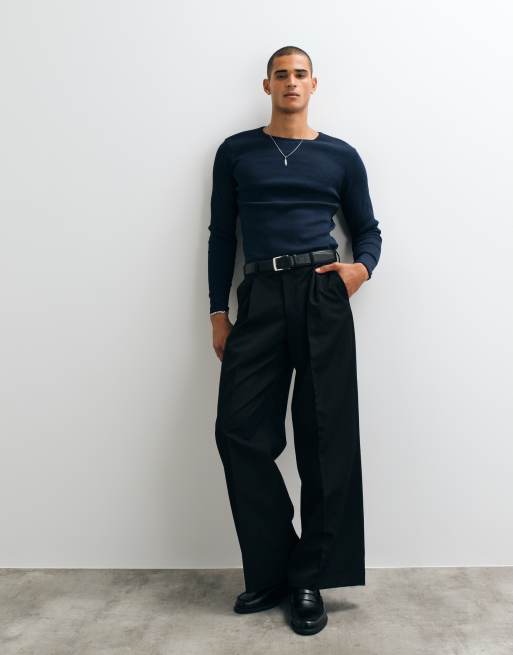 ASOS DESIGN super heavyweight slim fit long sleeve T-shirt in navy rib, 2 of 5