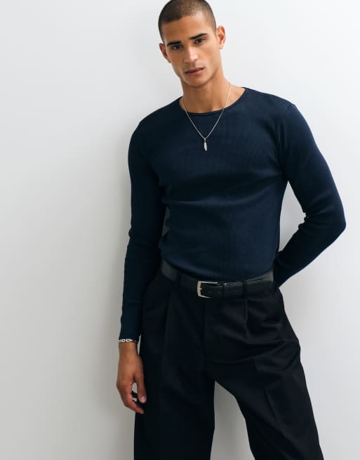 ASOS DESIGN super heavyweight slim fit long sleeve T-shirt in navy rib, 5 of 5