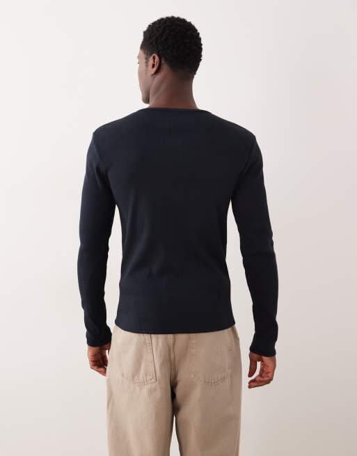 ASOS DESIGN super heavyweight slim long sleeve t-shirt in navy rib, 3 of 5