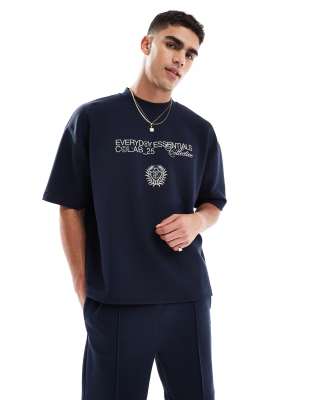 asos ASOS DESIGN super heavyweight super heavyweight boxy oversized t-shirt with text embroidery in navy texture
