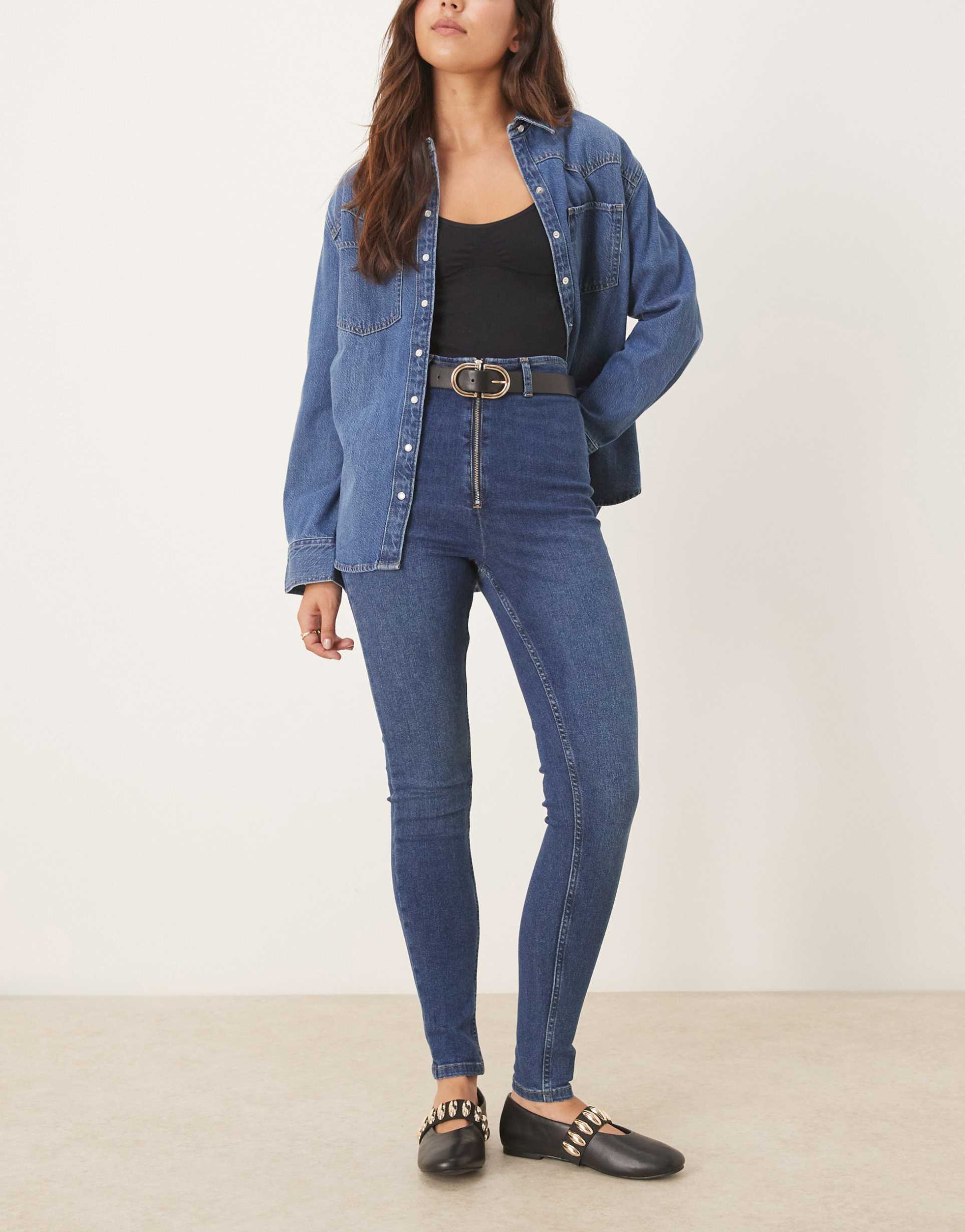 asos design super high rise skinny jeans with zip front in blue