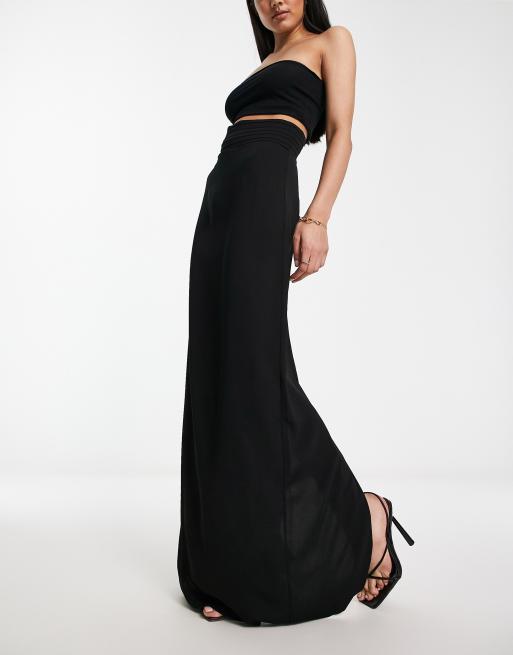 Best High Waist Black Long Satin Skirts Wide Waistband Floor